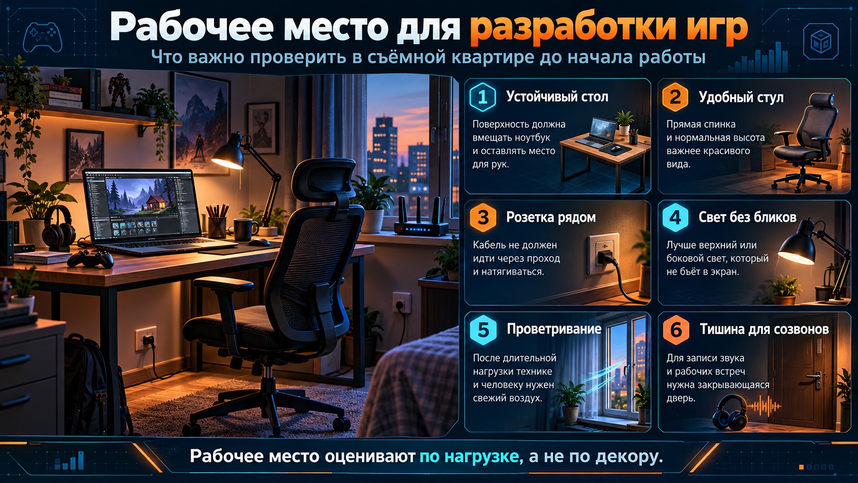 Рабочее место разработчика игр: стол, стул, розетки, освещение и вентиляция.