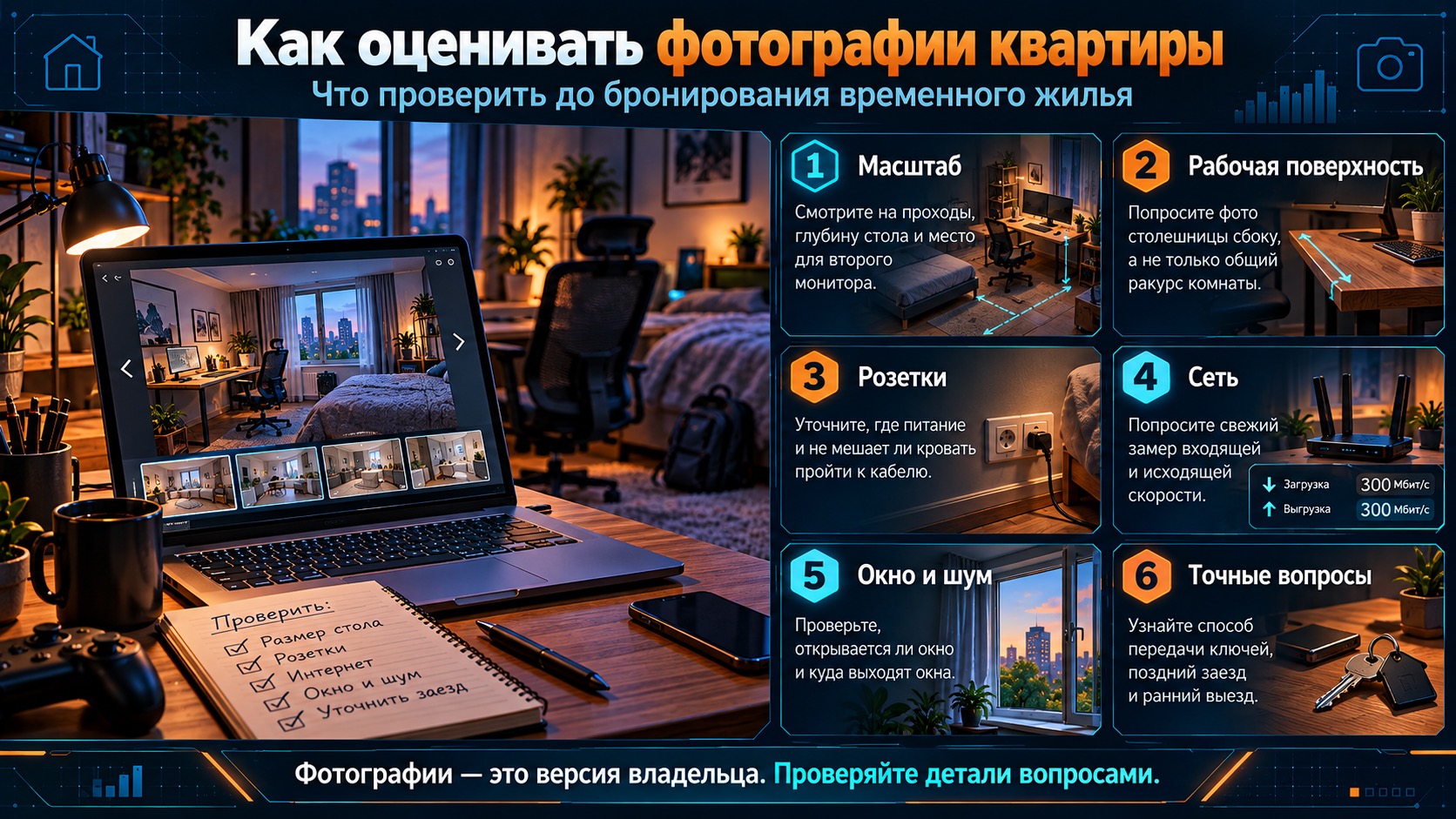 Проверка фотографий съёмной квартиры: рабочее место, интернет, розетки и уровень шума.
