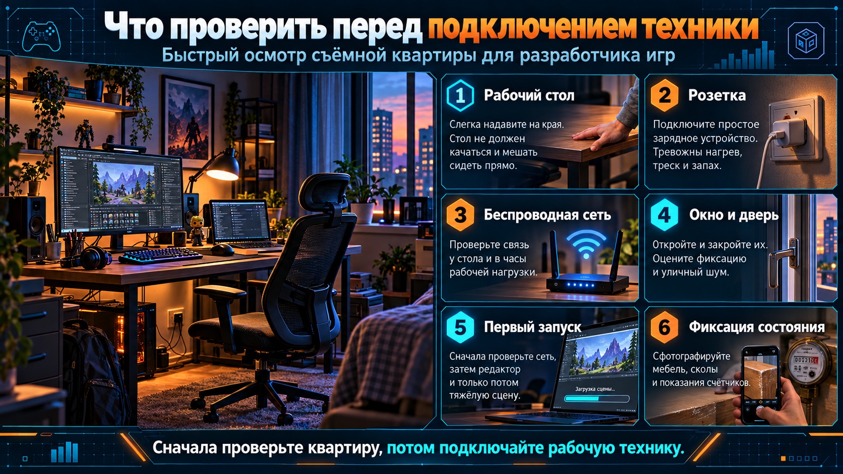 Проверка стола, розеток, интернета и оборудования перед началом работы.